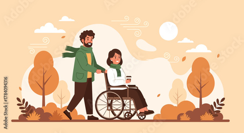 Man and Woman with Wheelchair Enjoying Fall Season