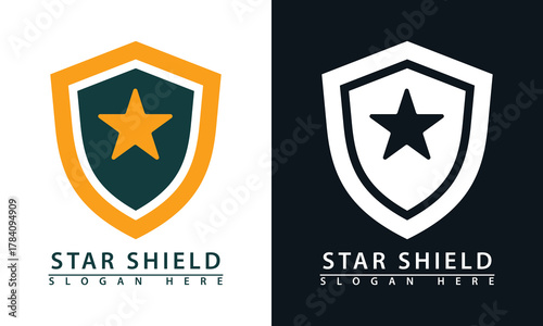 Star shield logo representing security, protection, quality, and excellence. Bold, simple badge design for defense or rating.