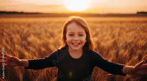 A Felicidade Corre Livre. Crianca com os Bracos Abertos no Campo