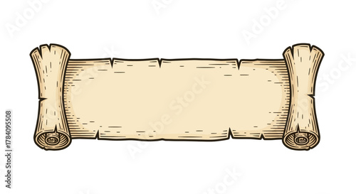 Blank old parchment scroll with rolled edges and empty space for text, vintage document background