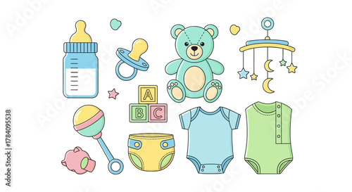 Baby essentials icons collection of cute objects for infant care