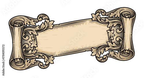 Ornate vintage scroll banner with intricate acanthus leaf flourishes. Old parchment ribbon for a classic title or message