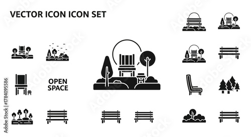 Monochromatic vector icon set illustrating urban parks, open spaces, and outdoor recreation amenities including benches, trees, and public facilities