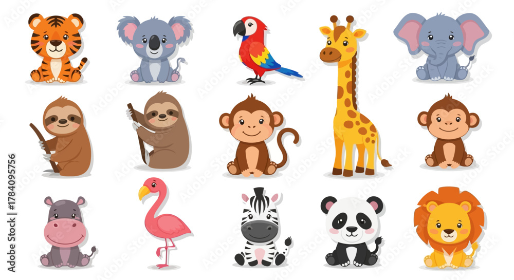 Fototapeta premium Cute animals illustration featuring tiger, sloth, monkey, flamingo, and zebra