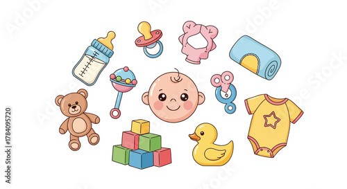 Colorful vector clipart collection of baby care accessories and childhood toys. An isolated illustration set for newborn or toddler design