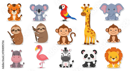 Cute animals illustration featuring tiger, sloth, monkey, flamingo, and zebra
