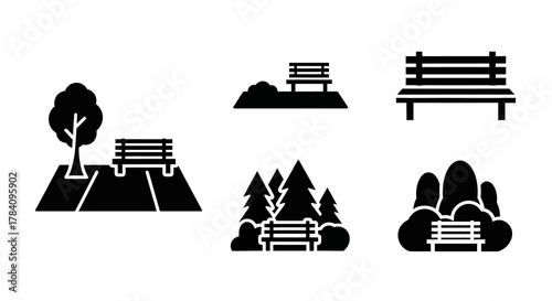 Park Bench Vector Icons Set Public Seating, Nature, Relaxation, and Urban Furnishings