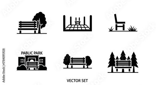 Vector Set of Park and Outdoor Elements Benches, Trees, and Entrance Gate