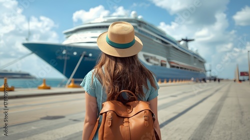Young female traveler with backpack and summer hat walking toward large cruise ship at harbor, capturing adventure, vacation, and ocean travel atmosphere