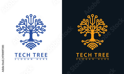 Tech tree logo with WiFi roots. Represents digital growth, network connectivity, online data, and wireless communication.