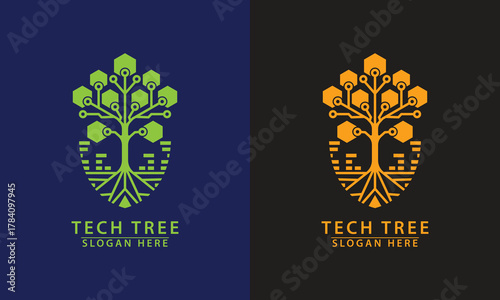 Tech tree logo with hexagon canopy and city base. Represents smart growth, urban technology solution, and environmental innovation.