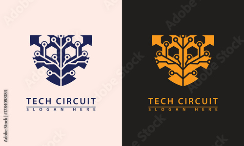 Shield logo with a circuit tree and hexagon leaves. Represents cyber security, tech protection, network defense, and innovation.