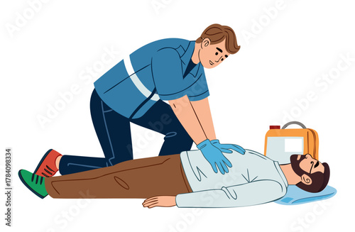 Paramedic Performing CPR on Unconscious Man — First Aid Emergency Response Illustration, professional first aid, lifesaving technique, and emergency medical care. Ideal for healthcare 