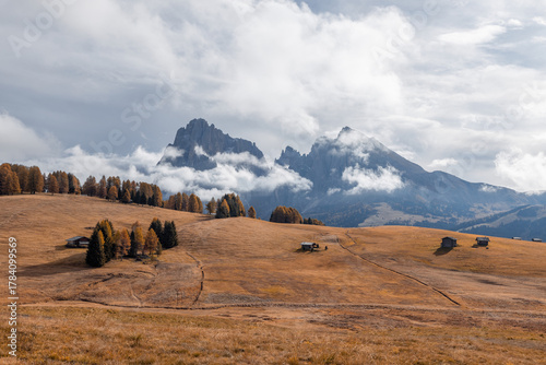 Autumn Dolomites. Landscape with orange fields and forests. Mountains in fog. Wooden houses in the mountains. Alpe di Siusi, Italy. Fall scenery.