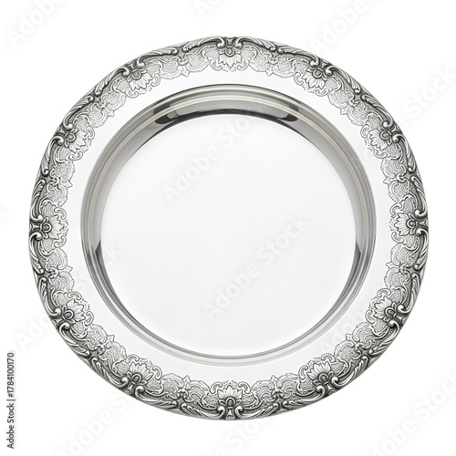Elegant, ornate silver platter, mirror-polished with intricate floral rim. Ideal for luxury catering, wedding invitations, elegant event designs, upscale product promotions.