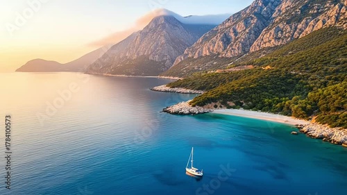 Wallpaper Mural A tranquil seascape with a boat at sunrise near majestic mountains. Torontodigital.ca