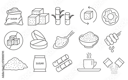 Sugar Icon Set – Editable Stroke Outline Vector,Sugar Cubes and Granules Icon Set – Thin Line Vector