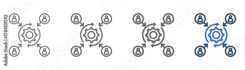 
outline icon sheet integration with gear design and four people discussing