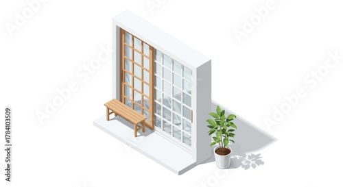 Isometric serene window scene with bench and potted plant ambiance