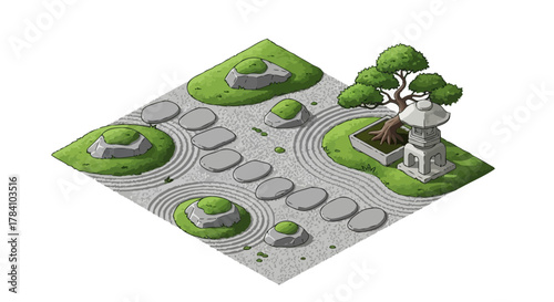 Isometric serene zen garden illustration with raked sand and bonsai tree