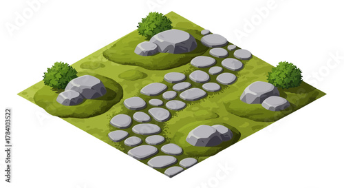Isometric stone path with green grass and bushes in peaceful scenery