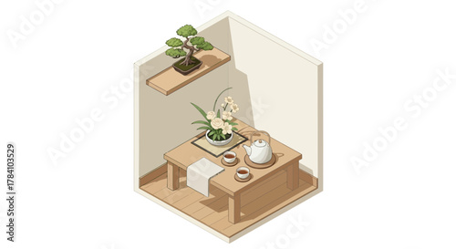 Isometric tea room with bonsai tree and floral arrangement creating zen atmosphere