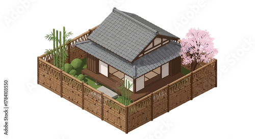 Isometric Traditional Japanese House with Garden, Bamboo Fence and Cherry Blossom
