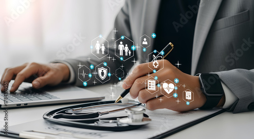 Professional analyzing health data and patient information with digital icons for medical innovation and healthcare management