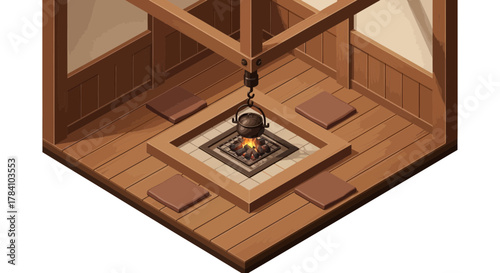 Isometric traditional japanese room with irori fireplace and tatami mats