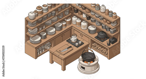 Isometric traditional kitchen scene with shelves filled with kitchenware