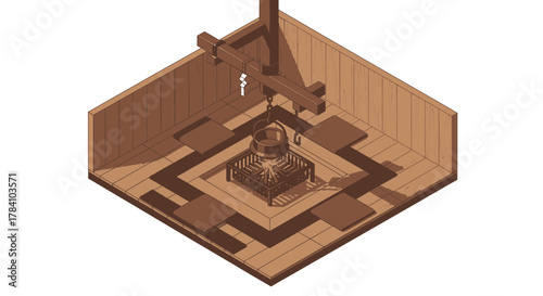 Isometric illustration of a traditional kitchen hearth with cauldron concept