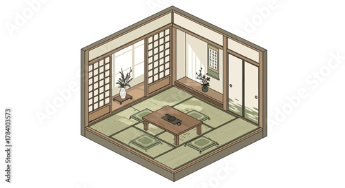 Isometric illustration of a tranquil Japanese room, offering calm aesthetic