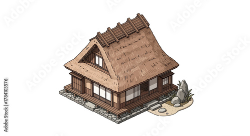 Isometric Illustration of a Traditional Thatched Roof Home with Stone Details