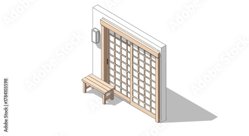 Isometric Illustration of Asian-Inspired Sliding Door with Wooden Bench