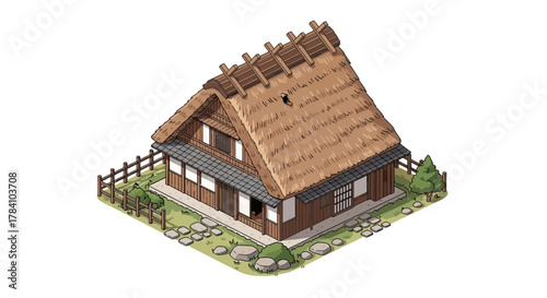 Isometric illustration showing a quaint traditional Japanese house with a thatched roof