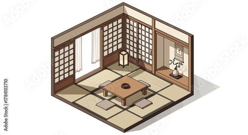 Isometric illustration showing a traditional japanese room with tatami mats