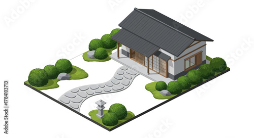 Isometric Illustrative Japanese House with Garden and Stone Path, Harmony