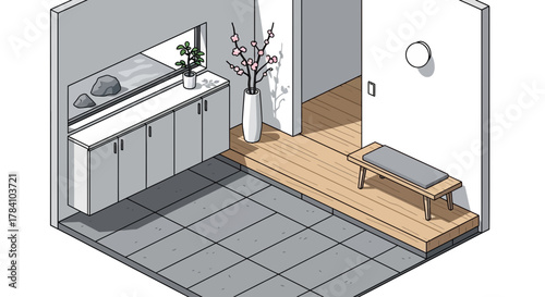 Isometric Interior Rendering Showcasing Minimalist Aesthetics and Interior Harmony