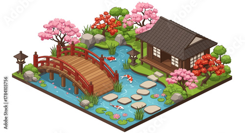 Isometric Japanese garden with traditional house, bridge and koi pond