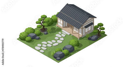 Isometric Japanese house with a stone path in a well-manicured garden