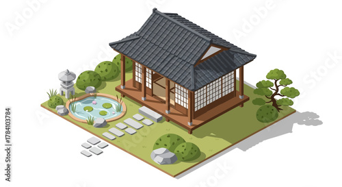 Isometric japanese house nestled in a serene garden with pond view