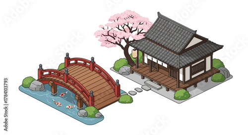 Isometric japanese landscape featuring a house, bridge, sakura tree and koi fish