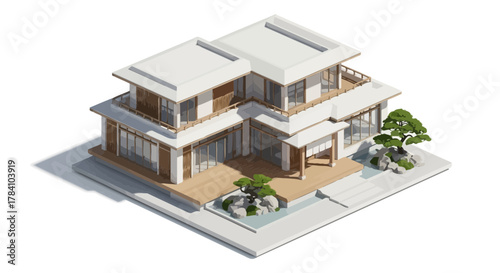 Isometric modern minimalist villa with zen garden and pristine surroundings
