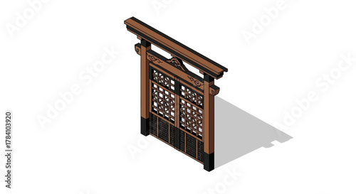 Isometric ornate portal design with intricate wooden latticework detail