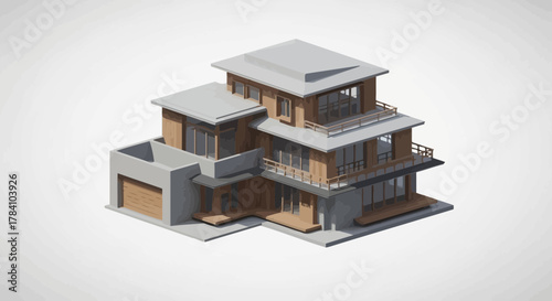Isometric Modern Three Story House Vector Illustration on White Backdrop