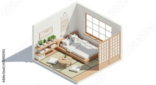 Isometric rendering of a minimal japanese style bedroom with zen atmosphere