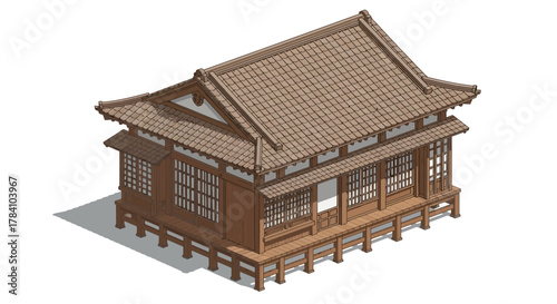 Isometric representation of an aged, traditional Japanese-style house