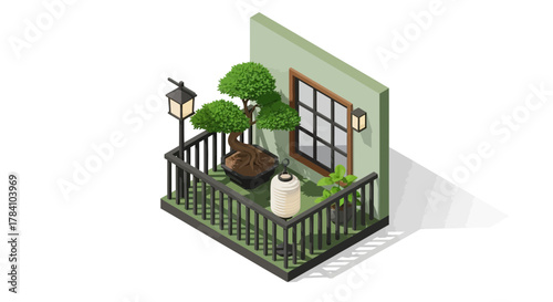 Isometric serene balcony scene with bonsai tree and ambient lighting