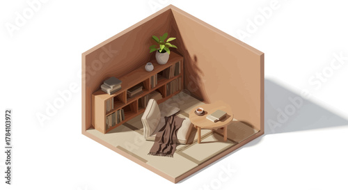 Isometric room interior design featuring a cozy reading nook concept