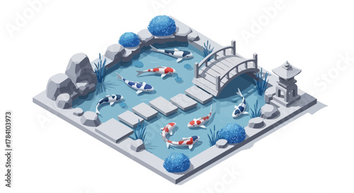 Isometric serene japanese garden pond with koi fish bridge and pagoda